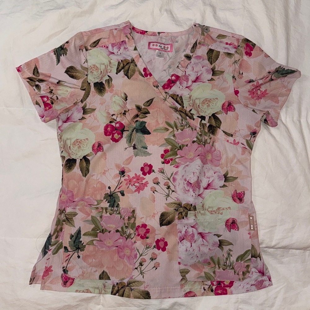 Koi Pink Floral V-Neck Short Sleeve Top